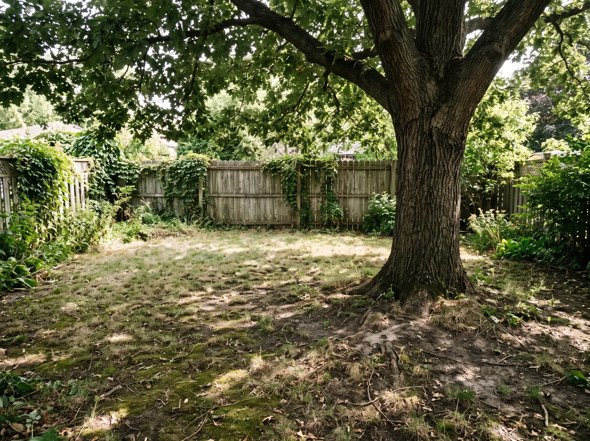 Thin, patchy grass struggling in the heavy shade under a mature tree in a city backyard
