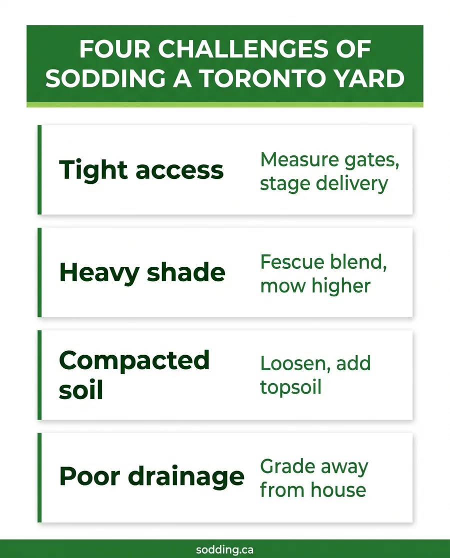 Card guide to the four challenges of sodding a Toronto urban yard and the fix for each