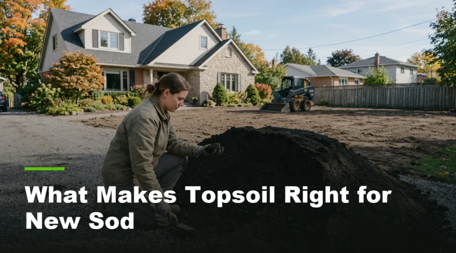 Landscaping crew member examining a delivered pile of dark topsoil before spreading it for a new sod lawn