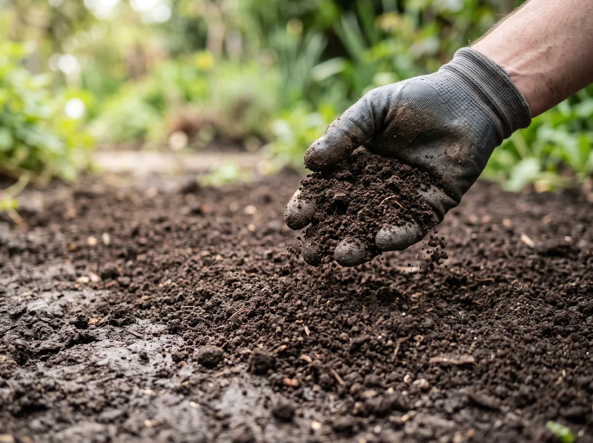 Close view of dark, crumbly blended loam topsoil being spread by hand across a prepared yard before sod delivery