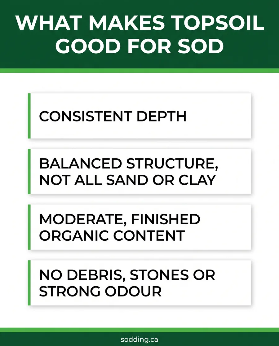 Card graphic listing four things that make topsoil good for sod installation
