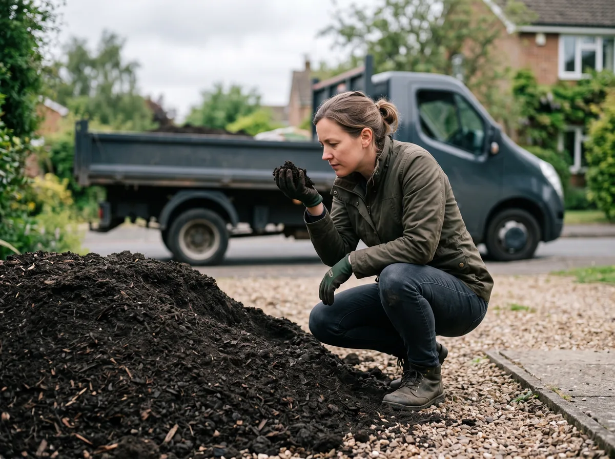 Person checking a handful of fresh topsoil delivery for colour and texture before spreading